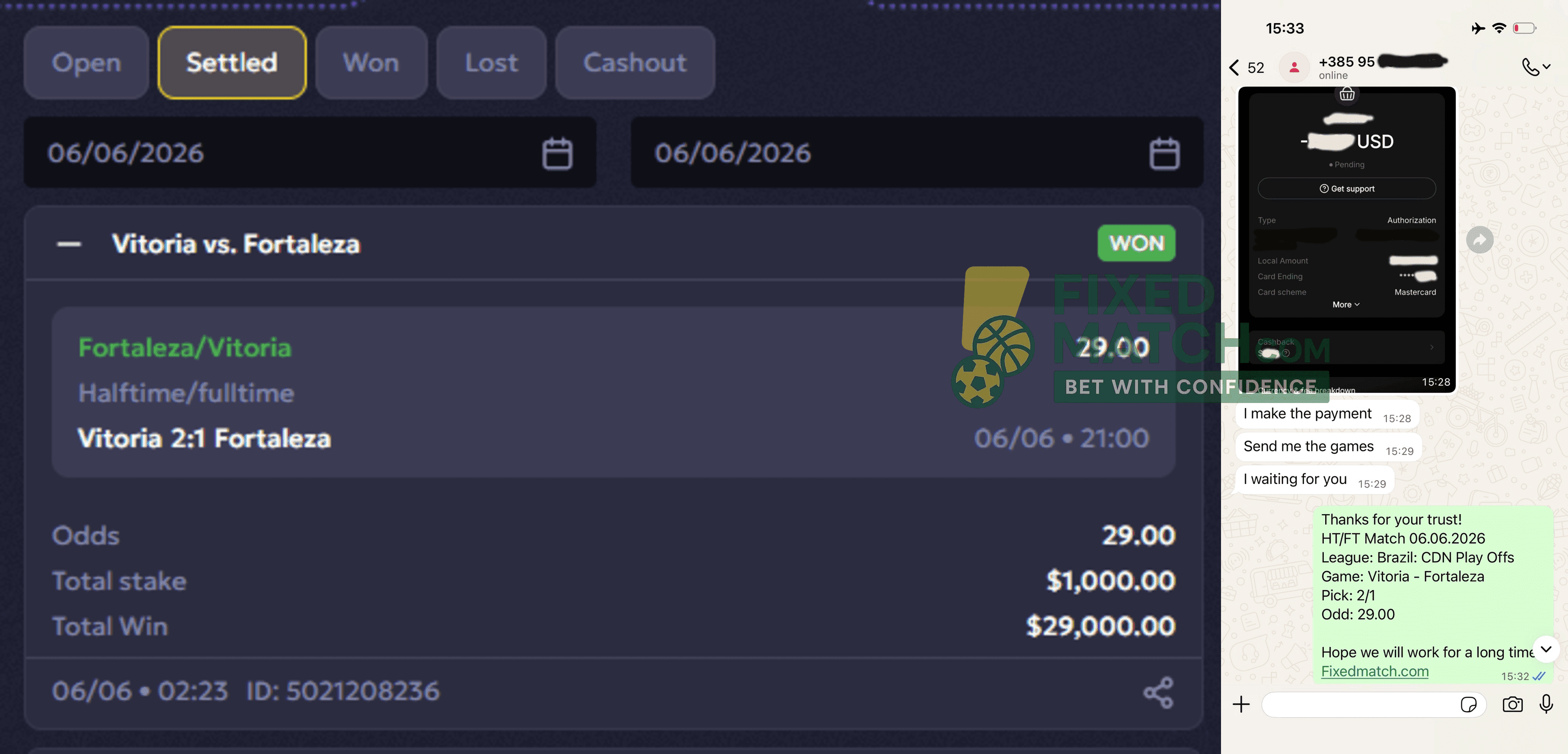 Betting ticket for Fixed Match Half time Full time for Weekend