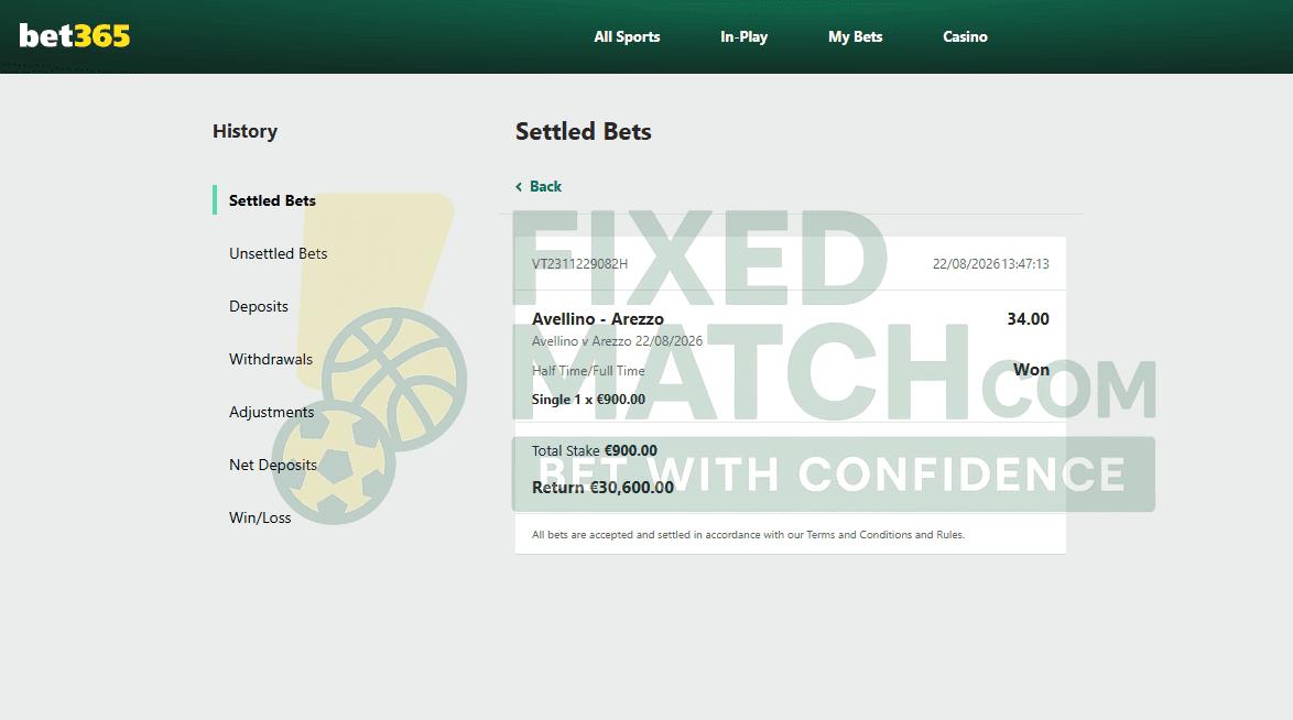 Betting ticket for Fixed Match Half Time Full Time 22nd August