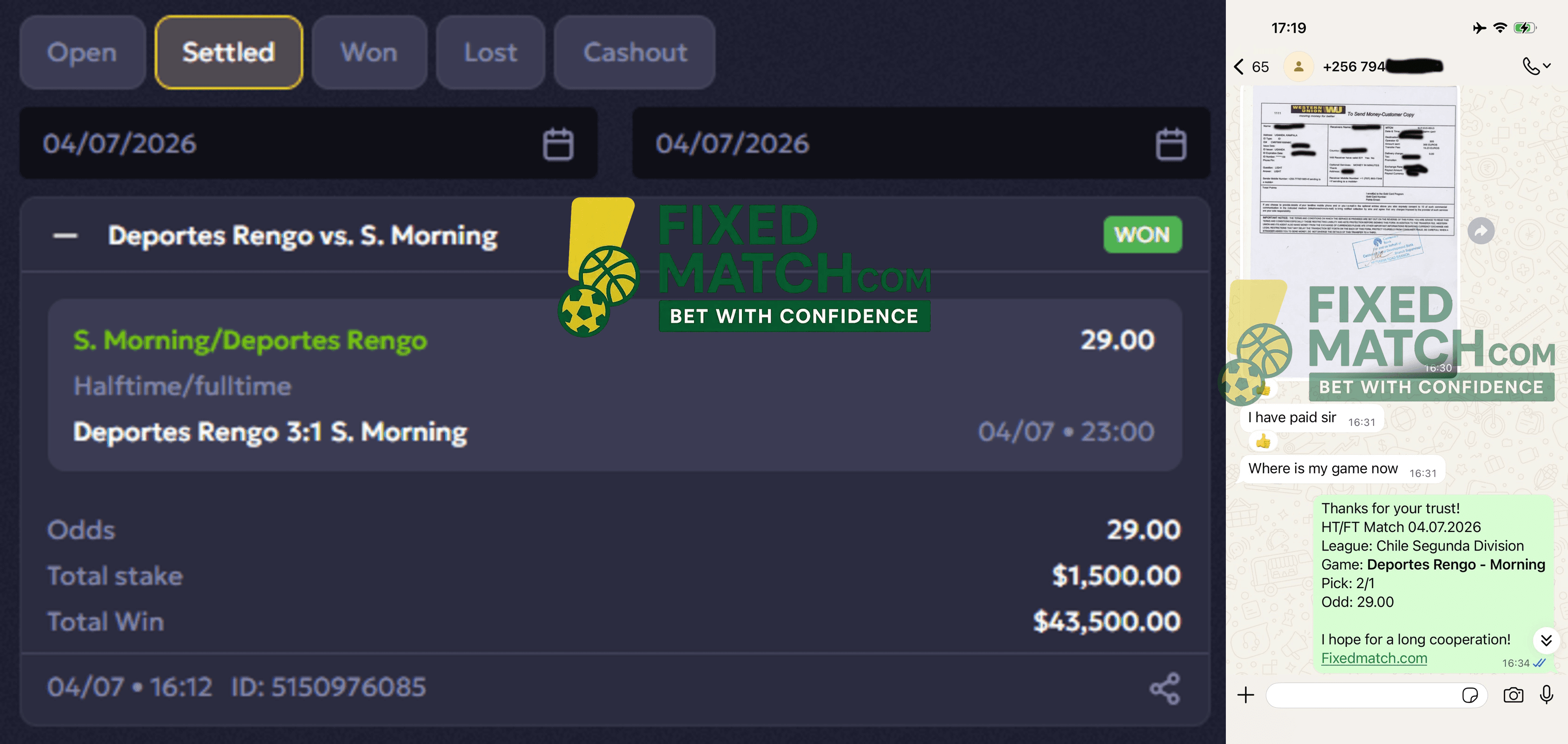 Betting ticket for Fixed Match Half time Full time for Weekend