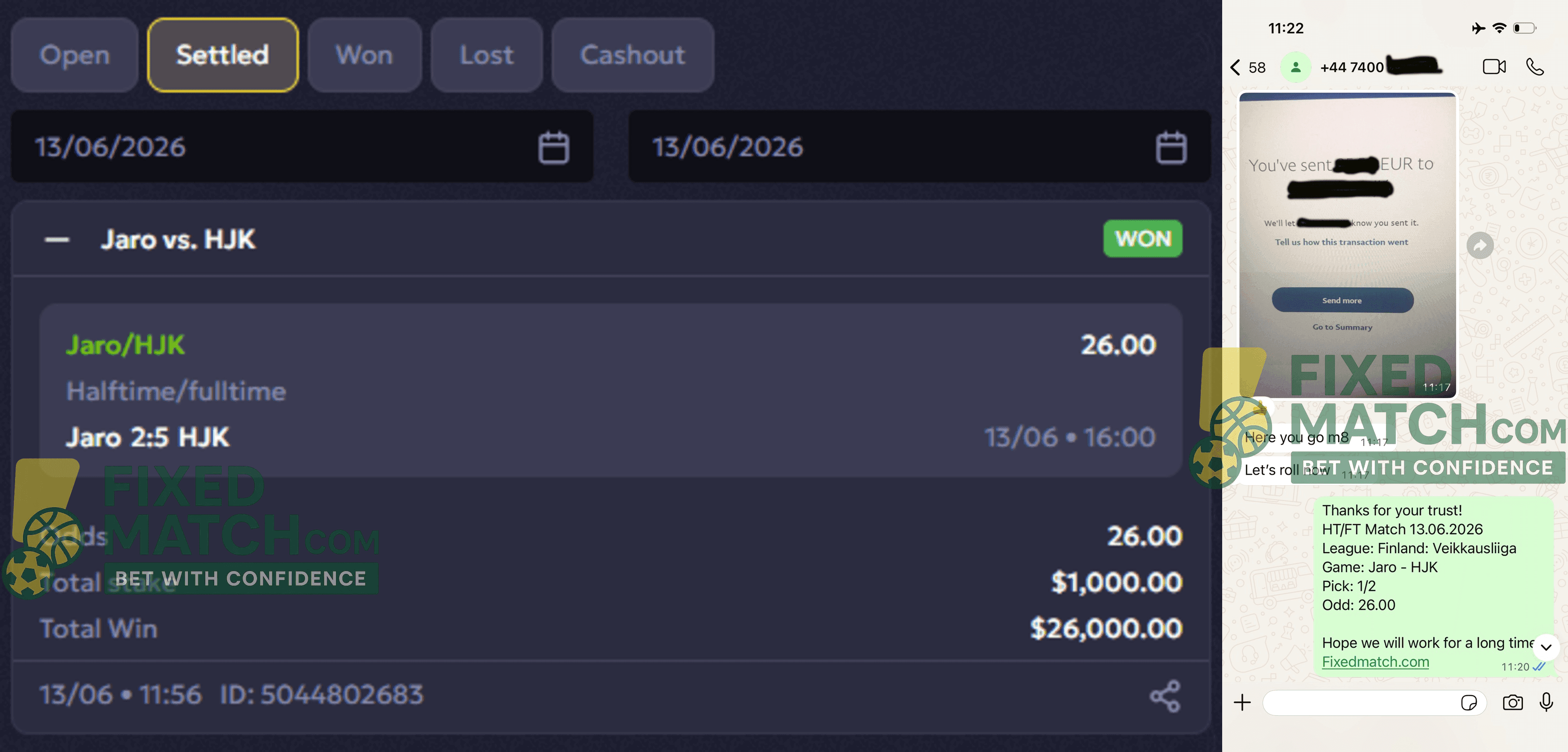 Betting ticket for Fixed Match Half time Full time for Weekend