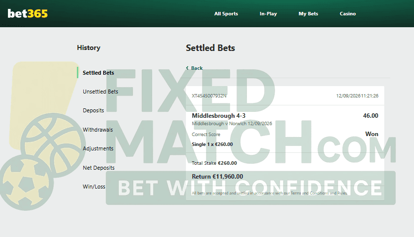 Betting ticket for Correct Fixed Match Proof