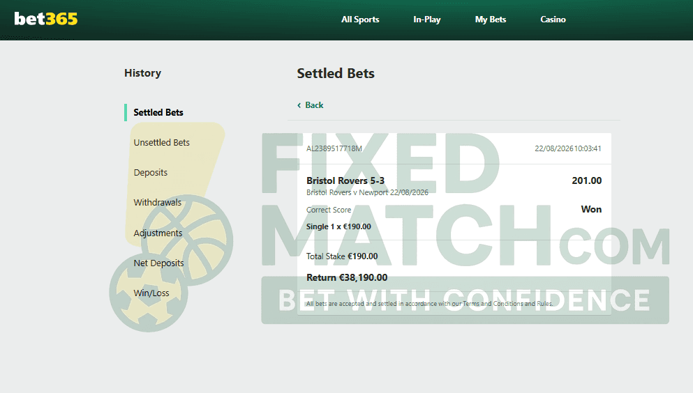Settlement proof for Correct Fixed Match 22nd August
