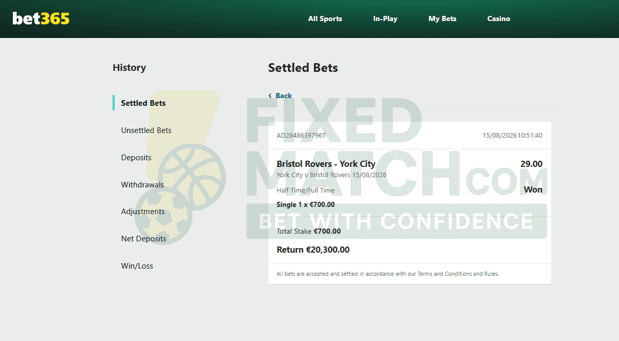 Settlement proof for Fixed Match Half time Full time for Weekend