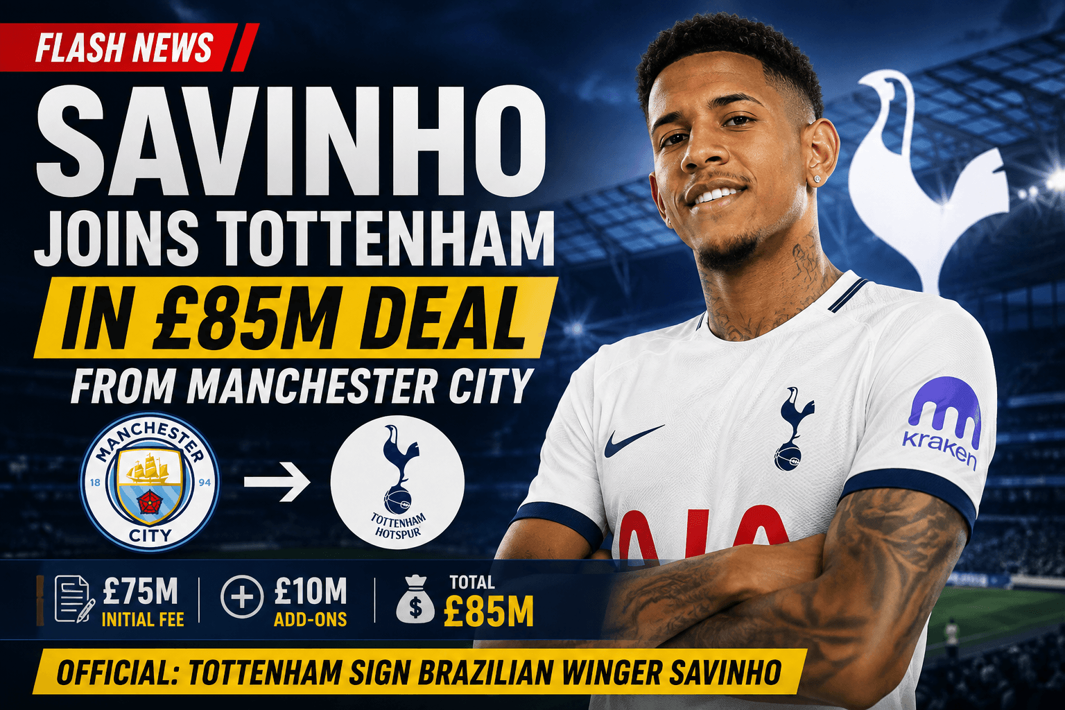 Savinho Joins Tottenham in £85m Deal From Manchester City